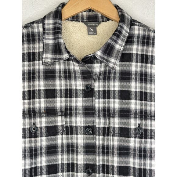 NWOT Eddie Bauer Faux Shearling Lined Flannel Button Down Shacket Size L Cabin - Picture 3 of 8